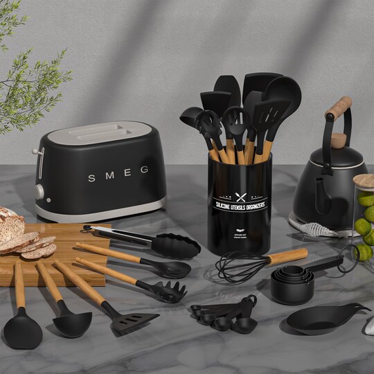 33 Pieces Chef Kitchen Cooking Utensils Set, Non-Stick Utensils Spatula Set with Holder, Black Wooden Handle Silicone Kitchen Gadgets